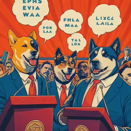 three husky dogs and an orange background are talking