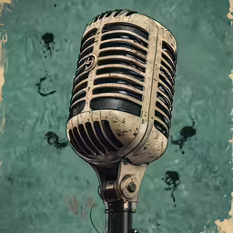 a rusty old fashioned microphone on top of a table