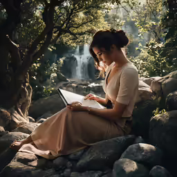 a woman sits on rocks and reads a book