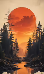 a painting depicting a river with trees around it