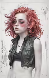 a female in a leather jacket with her red hair up