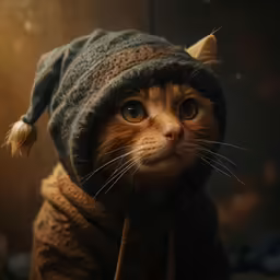 a cat wearing a warm jacket and a hat