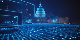 a building lit up at night with lights