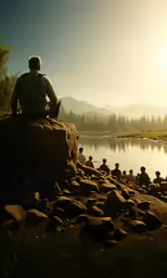 an image of a man sitting on a rock overlooking the water