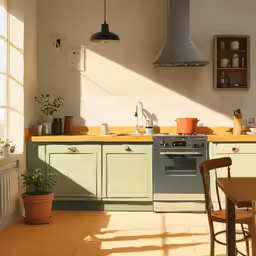 a kitchen with a table a chair a stove and cabinets