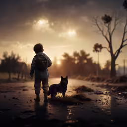the boy is walking with his dog in the sunset