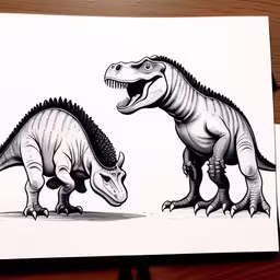 a drawing of two dinosaurs in one picture and an empty picture on the other,a drawing of two dinosaurs facing one another
