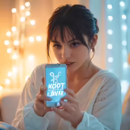 a woman holding a cell phone while looking at it