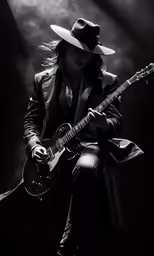 the woman in black is playing her guitar