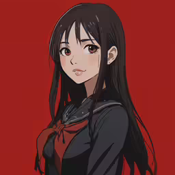 the anime girl is posing with long black hair and red eyes