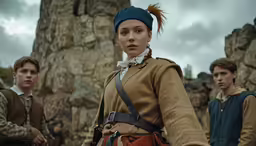people in historical clothing standing around a cave