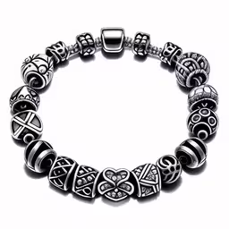 the bracelet with hearts on it,this black and silver bracelet is an elegantly decorated