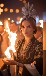 a woman dressed in a traditional chinese costume with flames