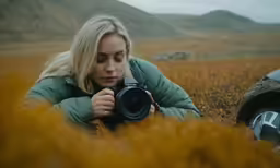a woman in a field is taking a picture with a camera