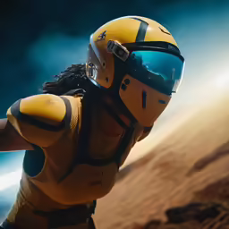 a woman wearing goggles and a helmet is flying through the sky