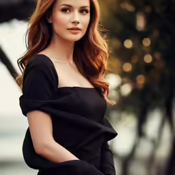 an attractive woman with long red hair in black dress posing for a photograph