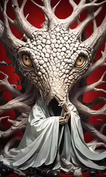 a white dragon with a blue robe, a red background, and a green tree