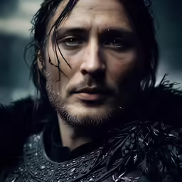 a male in armor looks off to the side