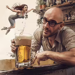 a man and a woman that are standing over some drinks