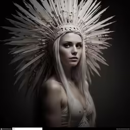 a woman wearing a feathered head piece on her head