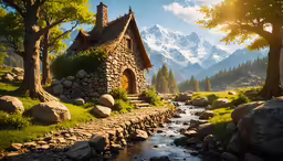 a stream running through a beautiful mountain country side cottage