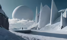 strange architectural structures in the middle of snowy desert