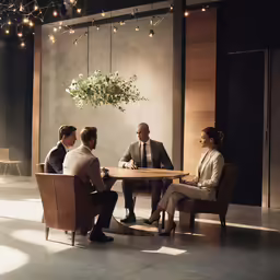 four people sit around a small round table