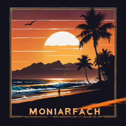 a poster that has some people on it,the poster shows a man walking on the beach under a sunset