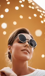 a beautiful woman in sunglasses looking up to the side