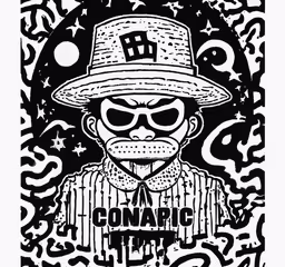 an illustration of a character wearing a hat and glasses with the text, conairce,a drawing of a person wearing a hat and glasses