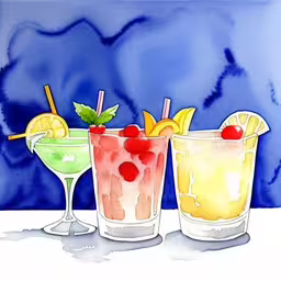 three glasses are full of different colored drinks,three glasses of drinks are sitting on a table,three glasses with colorful liquid and fruit are shown,three glasses filled with different kinds of drinks,three different drinks sitting on top of a table