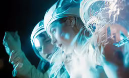 two women wearing futuristic garb and holding a cellphone
