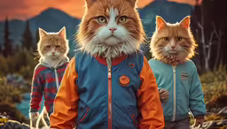 the cat is wearing a blue jacket and an orange jacket