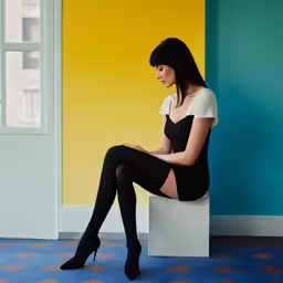 a woman with black stockings and black dress sits on a box