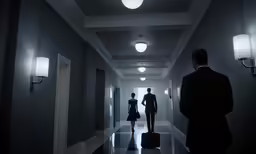 two people are walking down a dark corridor