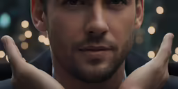 a man is holding up his hands near his face