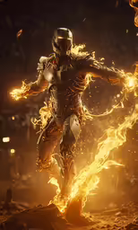 a man in flames standing next to a motorcycle