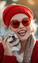 a woman in sunglasses holding a dog and smiling