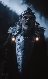 a man with long hair wearing a silver armor
