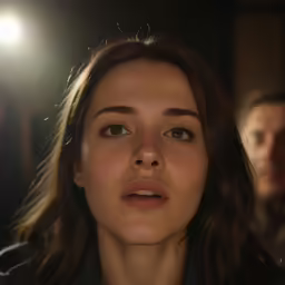 a girl stands looking at the camera in a dark room