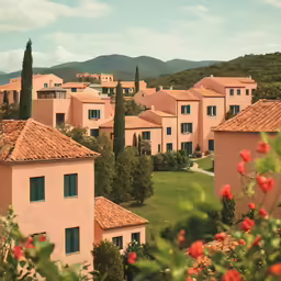 a photo taken from a distance shows many houses with red tile roofs