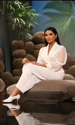 a woman sitting on top of a couch in a room