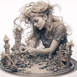 woman making fantasy artwork from toy model made of clay