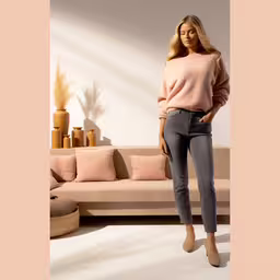 a woman wearing jeans, an off - the - shoulder sweater and beige pumps standing by a couch,a woman with blonde hair and pink shirt