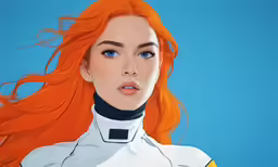 an orange haired woman with blue eyes and white outfit