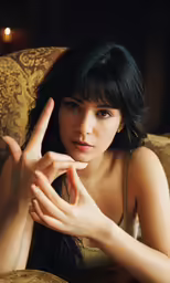 a woman is posing while sitting on a chair