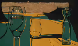 two glasses on the table next to an empty glass