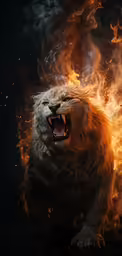 a lion on fire with its mouth open