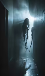 a scary looking hallway with a door and dark light coming from the exit way