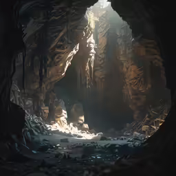 a dimly lit cave with lots of snow on the ground